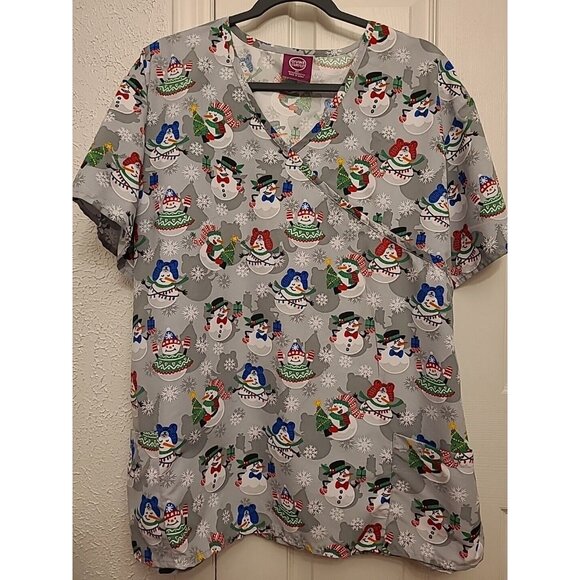 Devine Curves Scrub Top Christmas V Neck Tie Back Women Plus 3X Gray Snowmen - Picture 1 of 8